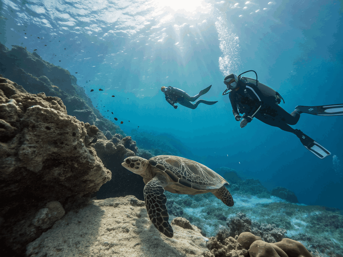 Snorkelers swimming alongside sea turtles in clear turquoise Hawaiian waters